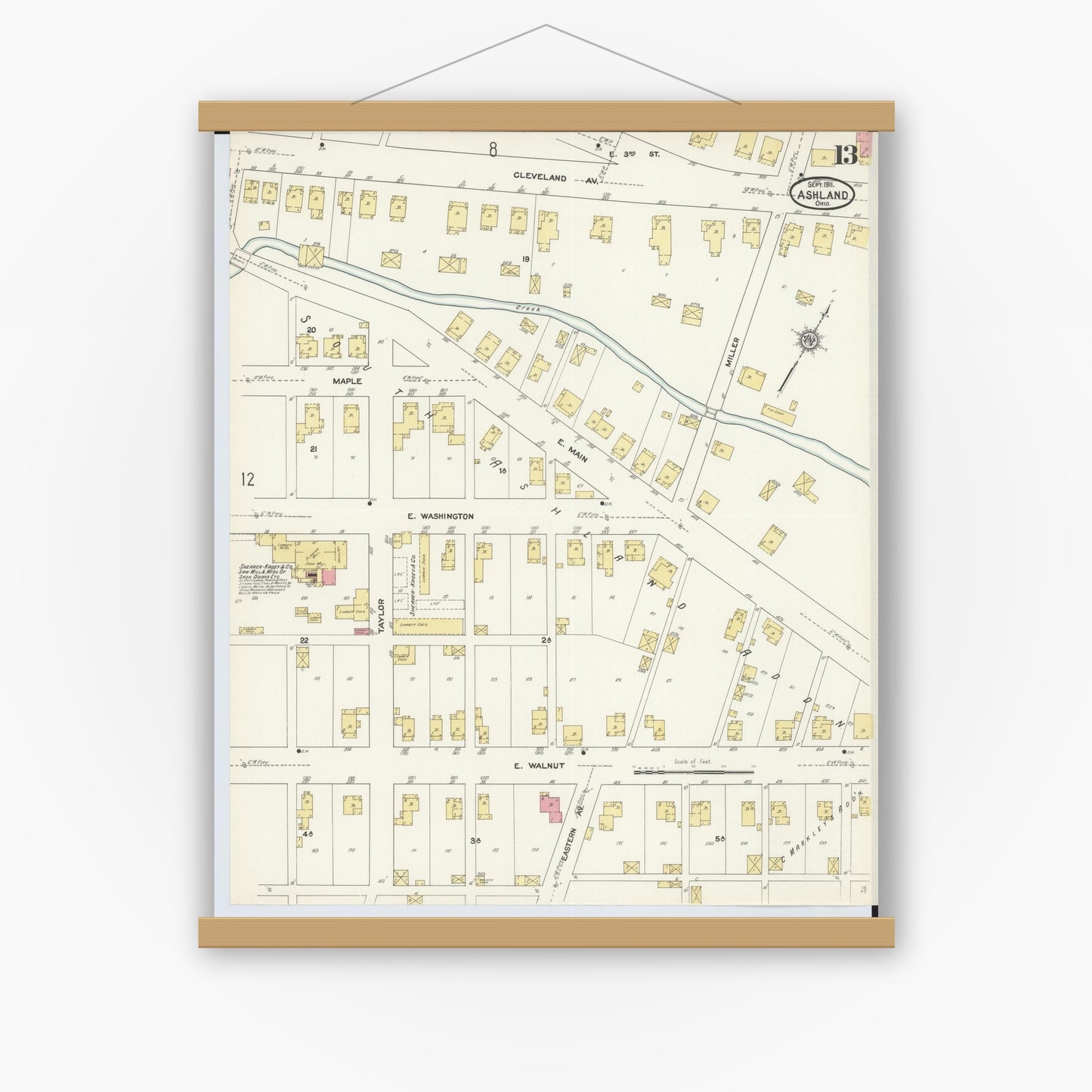 Old map wall art mockup — magnetic wood frame on white wall — Sanborn Fire Insurance Map from Ashland, Ashland County, Ohio (1911), Sheet #0013
