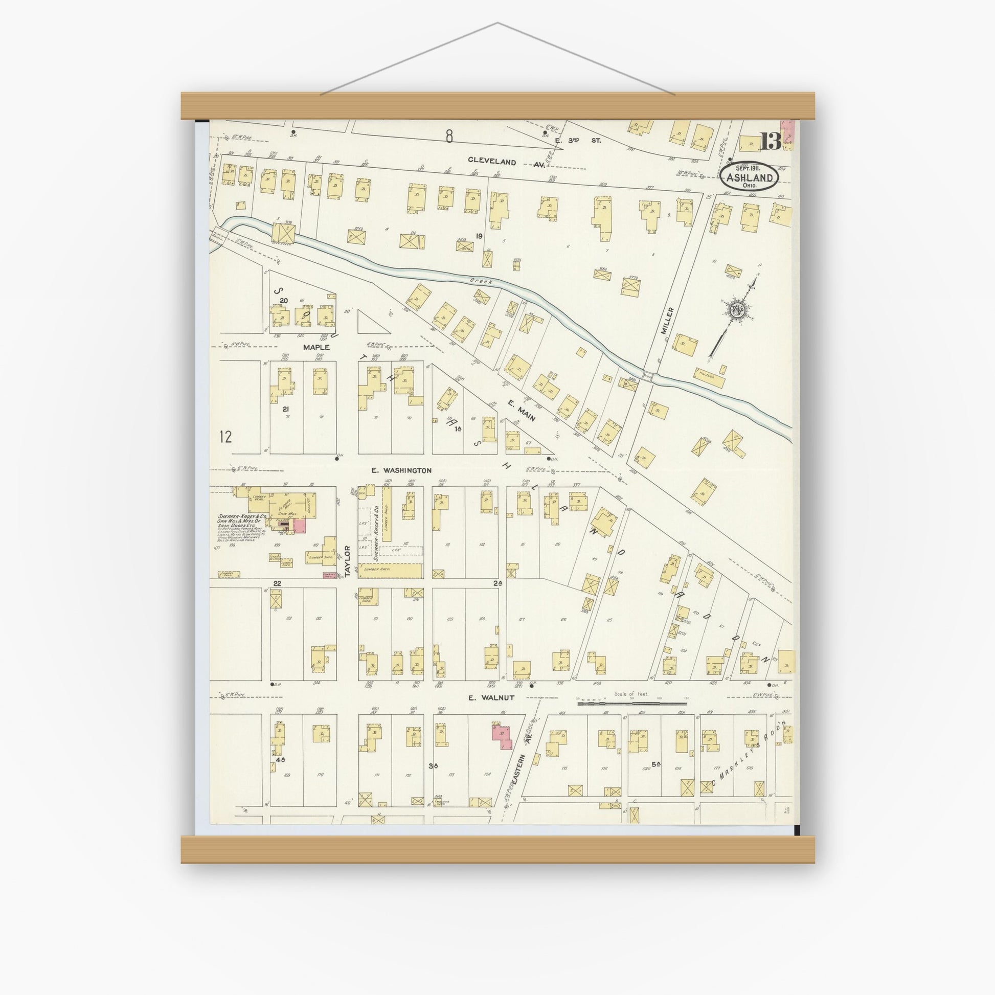 Old map wall art mockup — magnetic wood frame on white wall — Sanborn Fire Insurance Map from Ashland, Ashland County, Ohio (1911), Sheet #0013