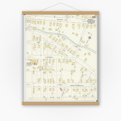 Old map wall art mockup — magnetic wood frame on white wall — Sanborn Fire Insurance Map from Ashland, Ashland County, Ohio (1911), Sheet #0013