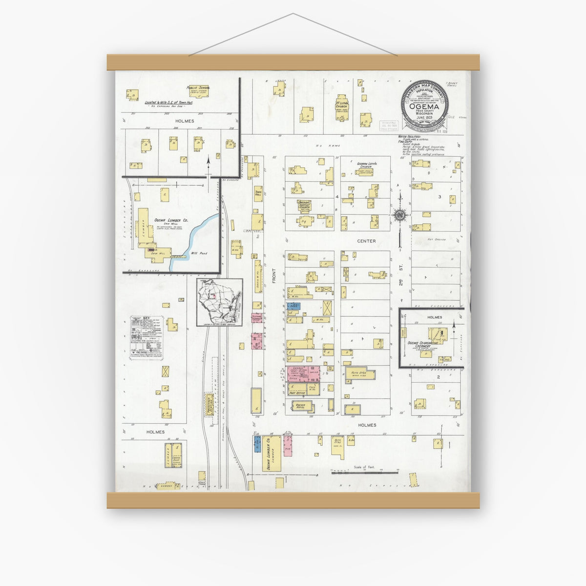 Old map wall art mockup — magnetic wood frame on white wall — Sanborn Fire Insurance Map from Ogema, Price County, Wisconsin (1929), Sheet #0001