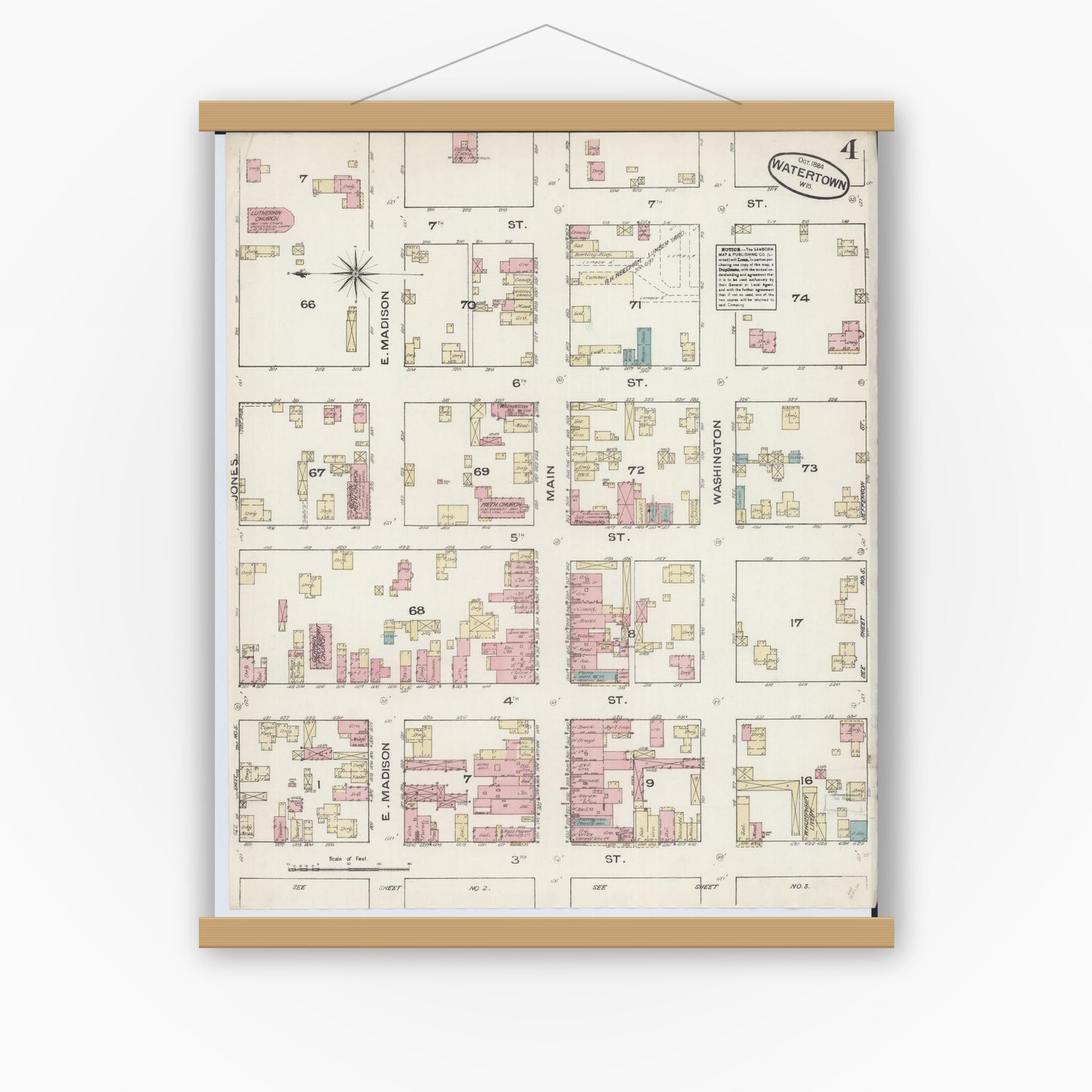 Old map wall art mockup — magnetic wood frame on white wall — Sanborn Fire Insurance Map from Watertown, Jefferson County, Wisconsin (1884), Sheet #0004