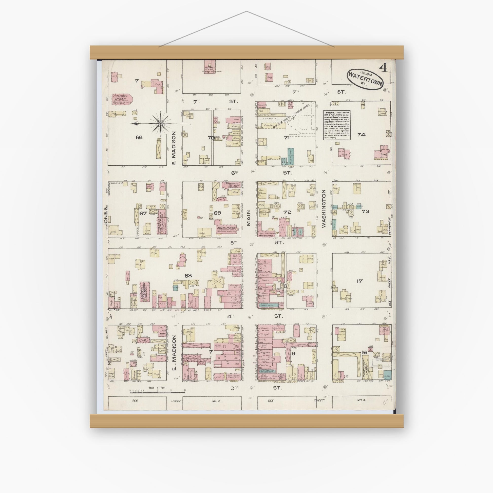 Old map wall art mockup — magnetic wood frame on white wall — Sanborn Fire Insurance Map from Watertown, Jefferson County, Wisconsin (1884), Sheet #0004