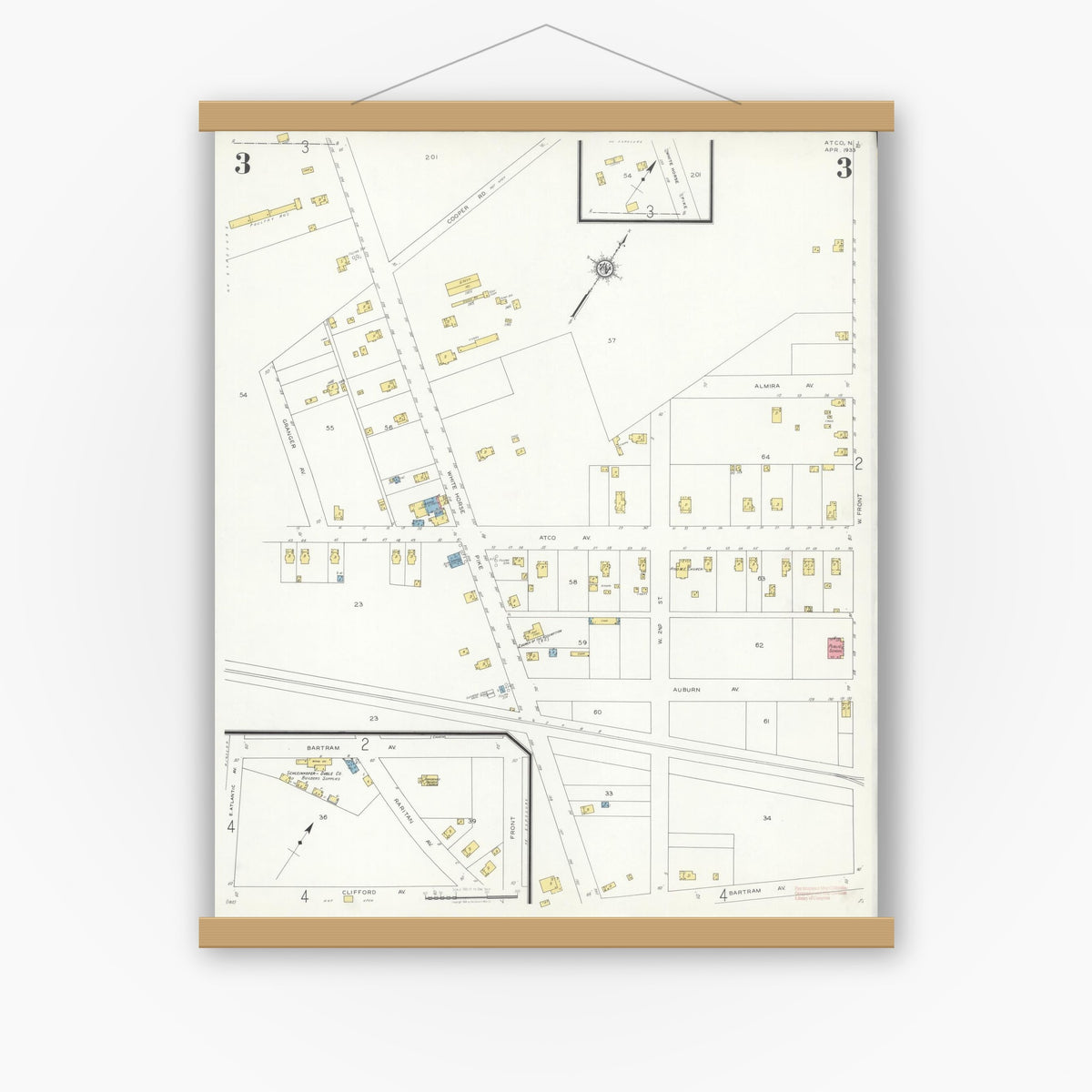 Old map wall art mockup — magnetic wood frame on white wall — Sanborn Fire Insurance Map from Atco, Camden County, New Jersey (1933), Sheet #0003