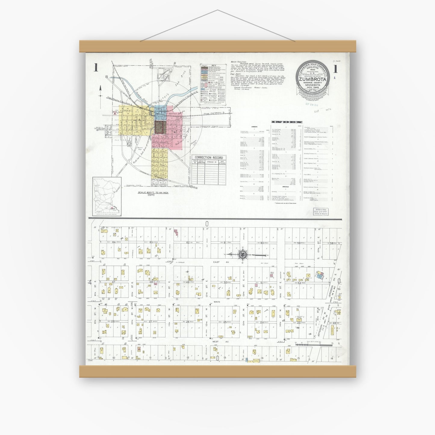 Old map wall art mockup — magnetic wood frame on white wall — Sanborn Fire Insurance Map from Zumbrota, Goodhue County, Minnesota (1948) - Complete Map Set