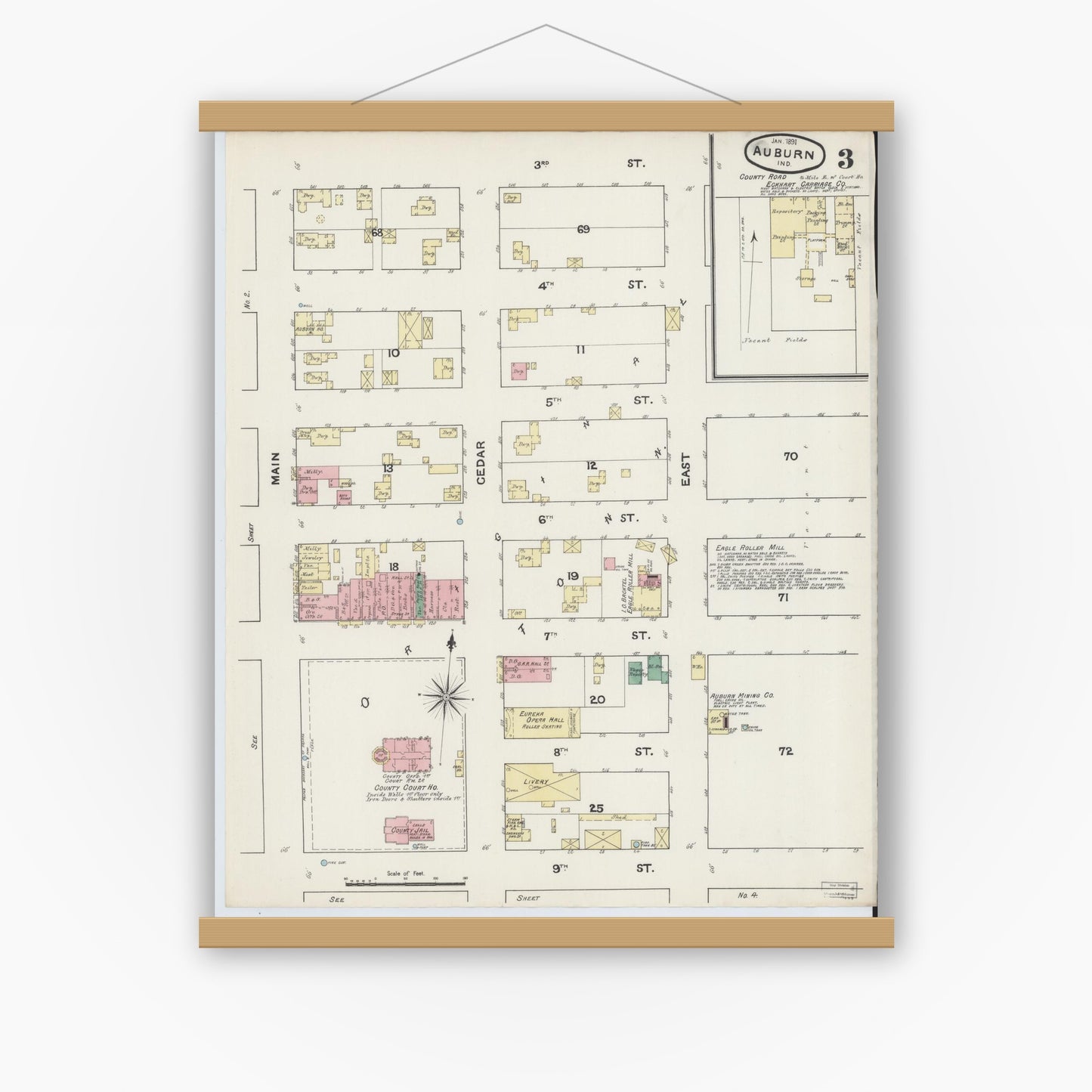 Old map wall art mockup — magnetic wood frame on white wall — Sanborn Fire Insurance Map from Auburn, De Kalb County, Indiana (1891), Sheet #0003