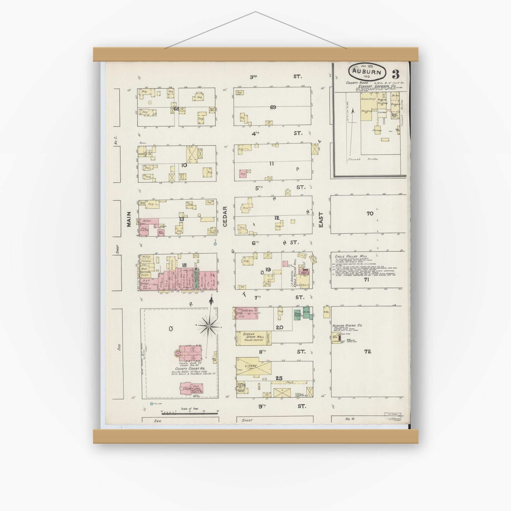 Old map wall art mockup — magnetic wood frame on white wall — Sanborn Fire Insurance Map from Auburn, De Kalb County, Indiana (1891), Sheet #0003