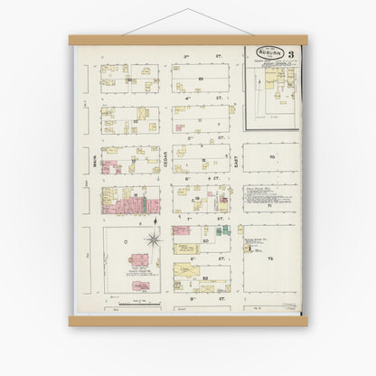 Old map wall art mockup — magnetic wood frame on white wall — Sanborn Fire Insurance Map from Auburn, De Kalb County, Indiana (1891), Sheet #0003