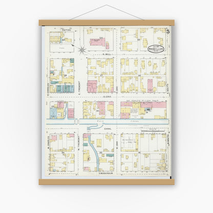 Old map wall art mockup — magnetic wood frame on white wall — Sanborn Fire Insurance Map from Massillon, Stark County, Ohio (1892), Sheet #0005