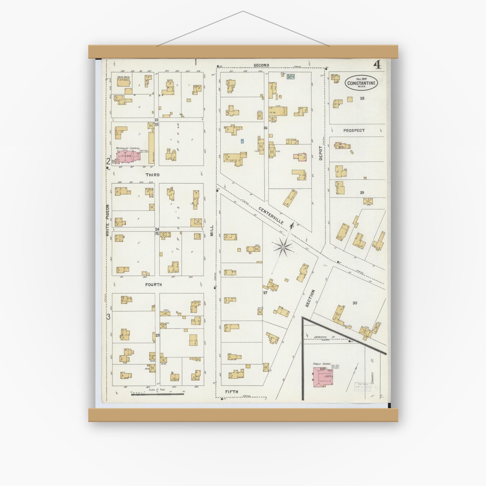 Old map wall art mockup — magnetic wood frame on white wall — Sanborn Fire Insurance Map from Constantine, Saint Joseph County, Michigan (1897), Sheet #0004