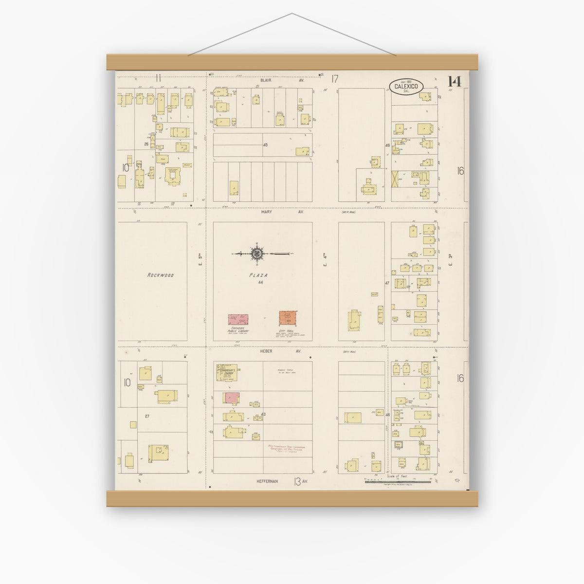 Old map wall art mockup — magnetic wood frame on white wall — Sanborn Fire Insurance Map from Calexico, Imperial County, California (1920), Sheet #0014