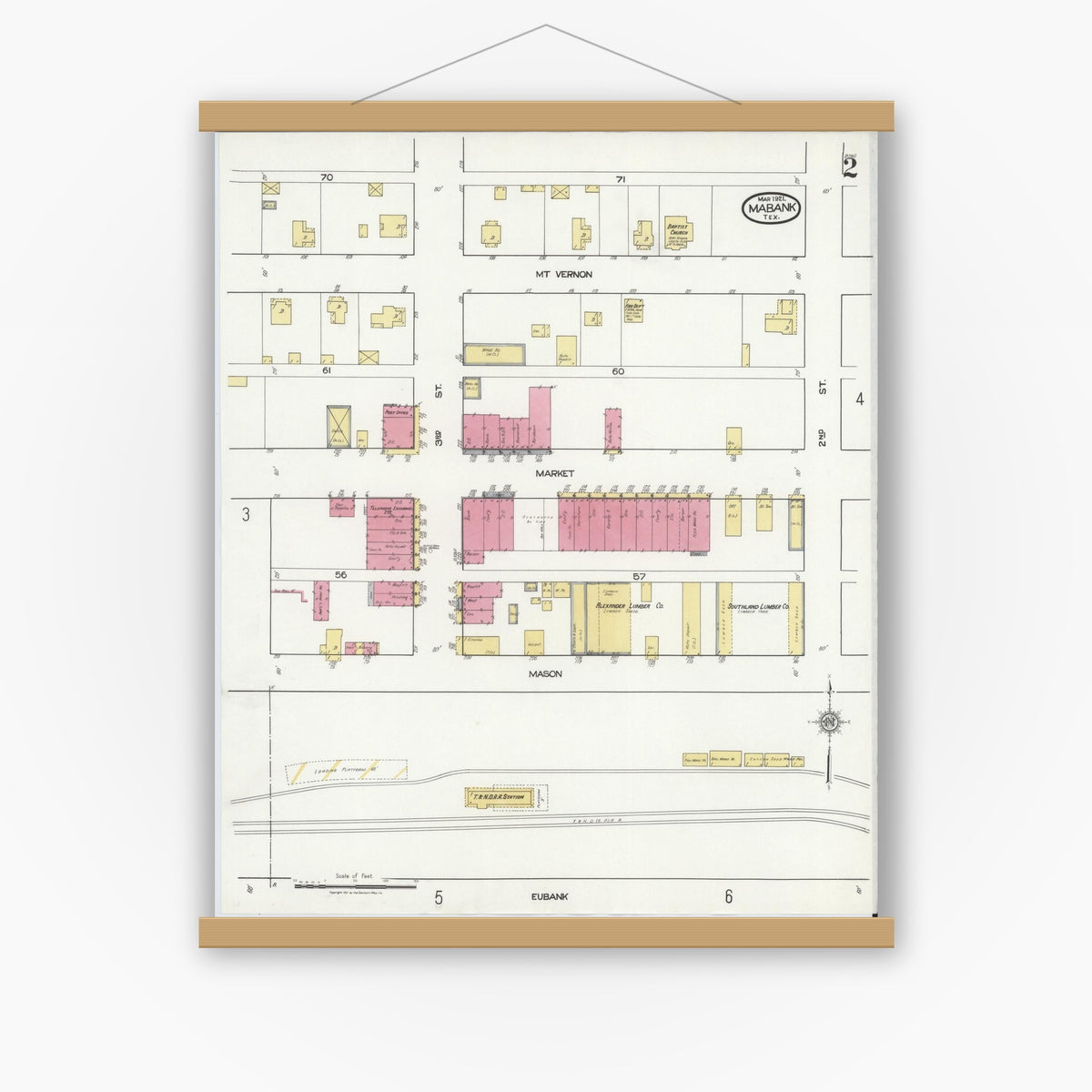 Old map wall art mockup — magnetic wood frame on white wall — Sanborn Fire Insurance Map from Mabank, Kaufman County, Texas (1921), Sheet #0002
