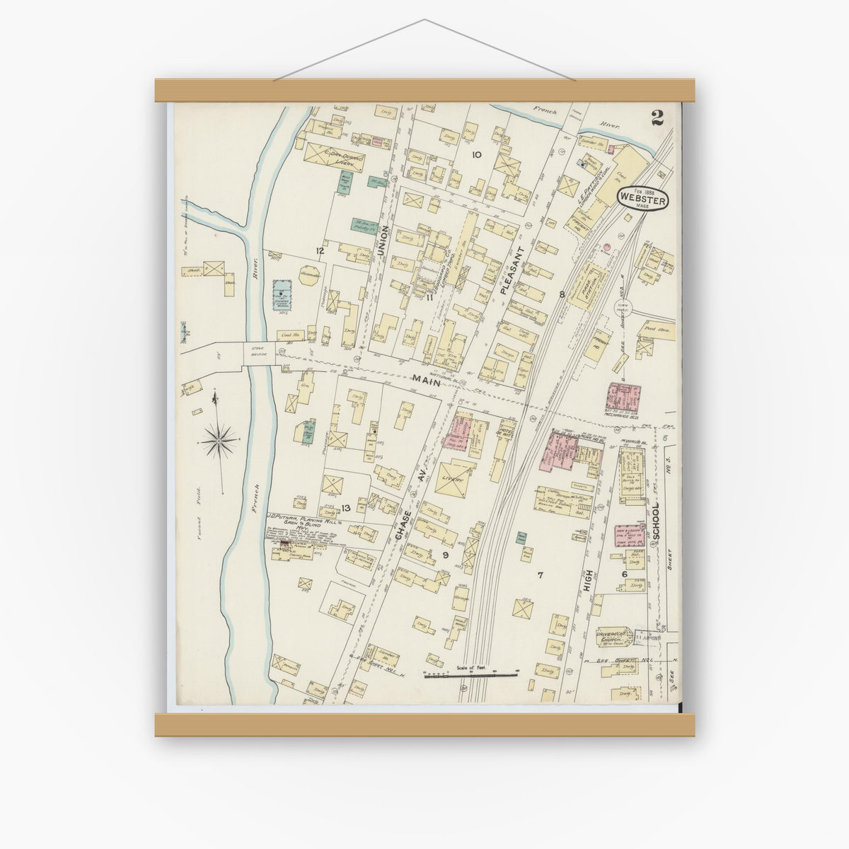 Old map wall art mockup — magnetic wood frame on white wall — Sanborn Fire Insurance Map from Webster, Worcester County, Massachusetts (1888), Sheet #0002