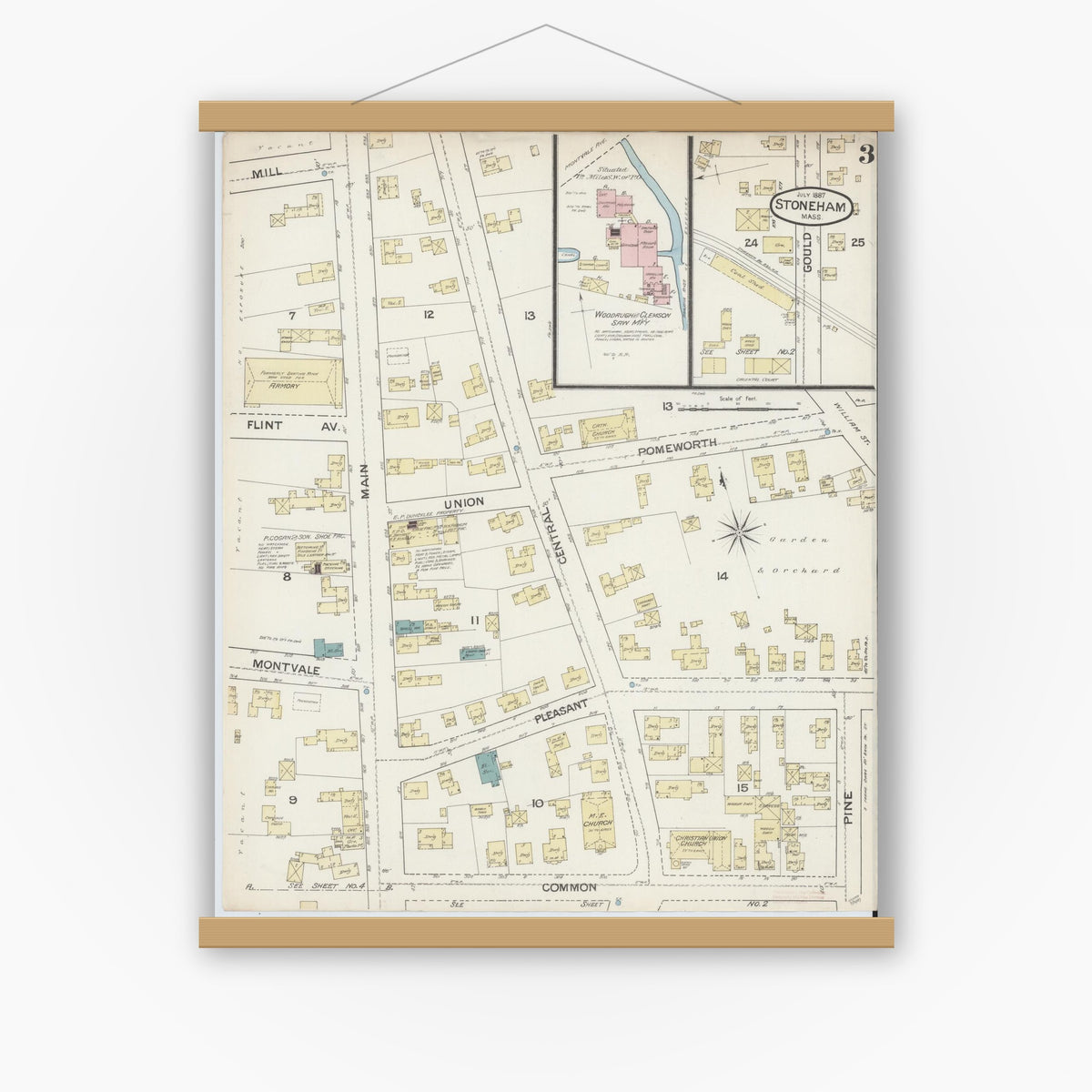 Old map wall art mockup — magnetic wood frame on white wall — Sanborn Fire Insurance Map from Stoneham, Middlesex County, Massachusetts (1887), Sheet #0003
