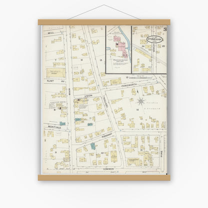 Old map wall art mockup — magnetic wood frame on white wall — Sanborn Fire Insurance Map from Stoneham, Middlesex County, Massachusetts (1887), Sheet #0003