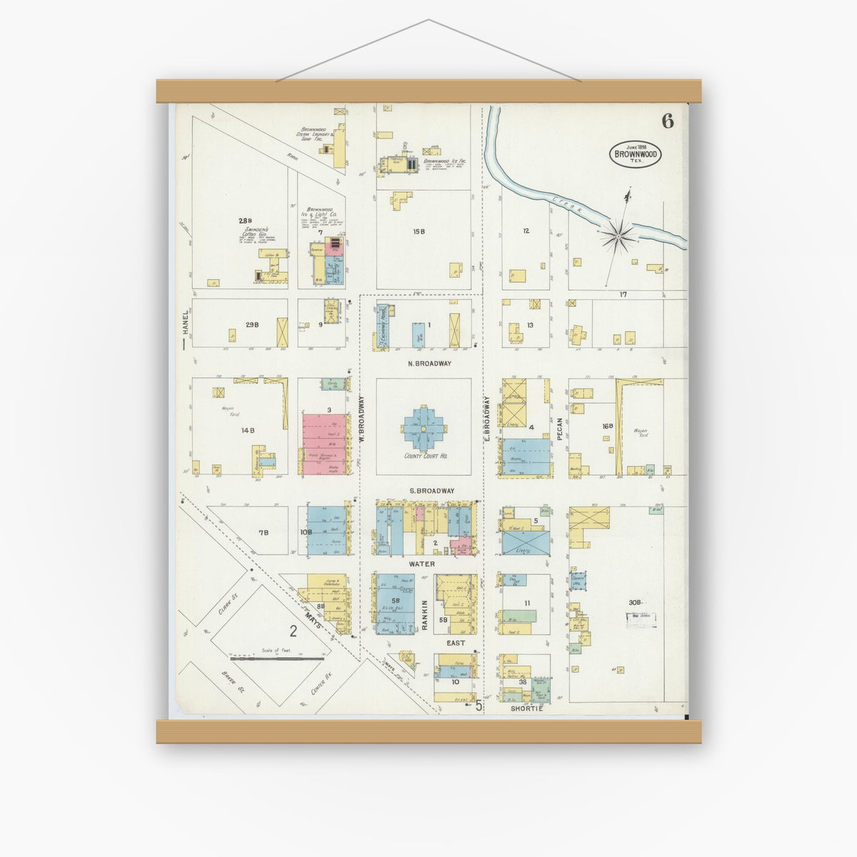 Old map wall art mockup — magnetic wood frame on white wall — Sanborn Fire Insurance Map from Brownwood, Brown County, Texas (1898), Sheet #0006