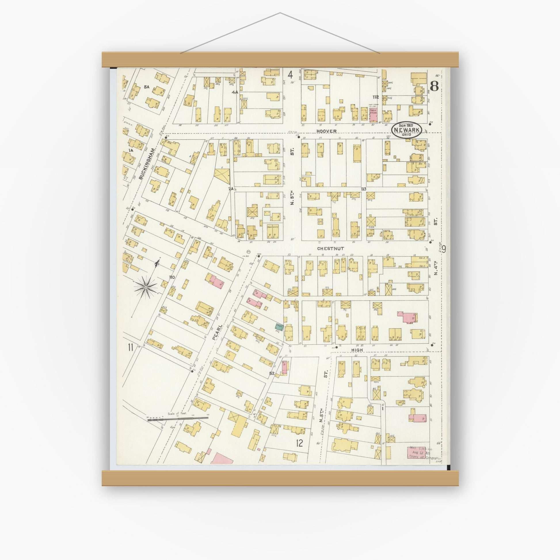 Old map wall art mockup — magnetic wood frame on white wall — Sanborn Fire Insurance Map from Newark, Licking County, Ohio (1905), Sheet #0008