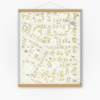 Old map wall art mockup — magnetic wood frame on white wall — Sanborn Fire Insurance Map from Newark, Licking County, Ohio (1905), Sheet #0008