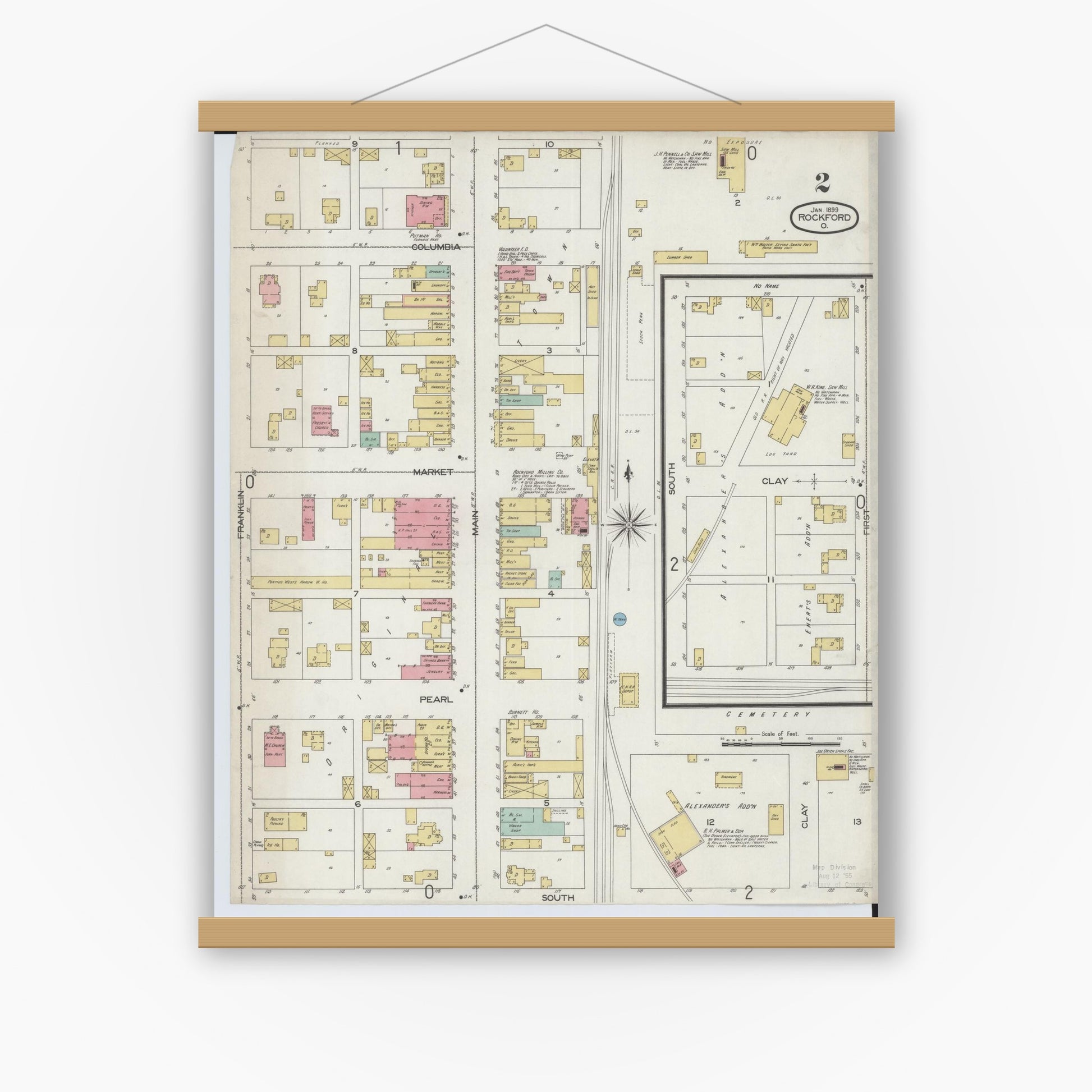 Old map wall art mockup — magnetic wood frame on white wall — Sanborn Fire Insurance Map from Rockford, Mercer County, Ohio (1899), Sheet #0002