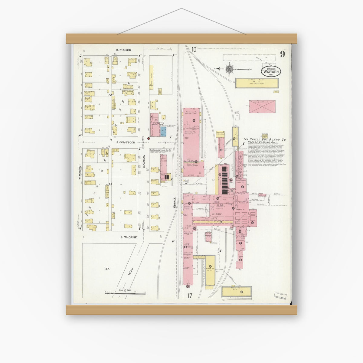 Old map wall art mockup — magnetic wood frame on white wall — Sanborn Fire Insurance Map from Wabash, Wabash County, Indiana (1910), Sheet #0009
