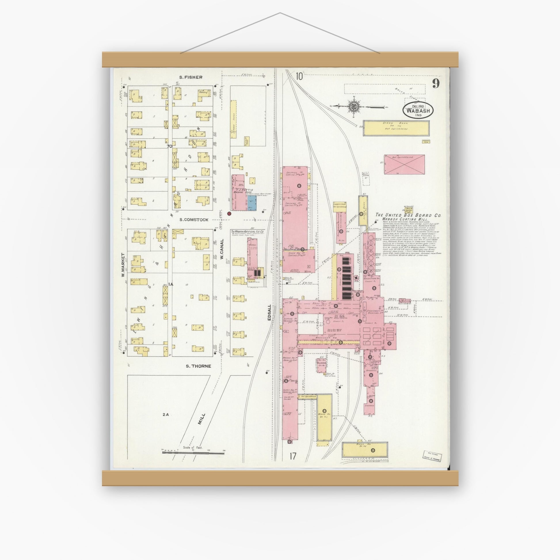 Old map wall art mockup — magnetic wood frame on white wall — Sanborn Fire Insurance Map from Wabash, Wabash County, Indiana (1910), Sheet #0009