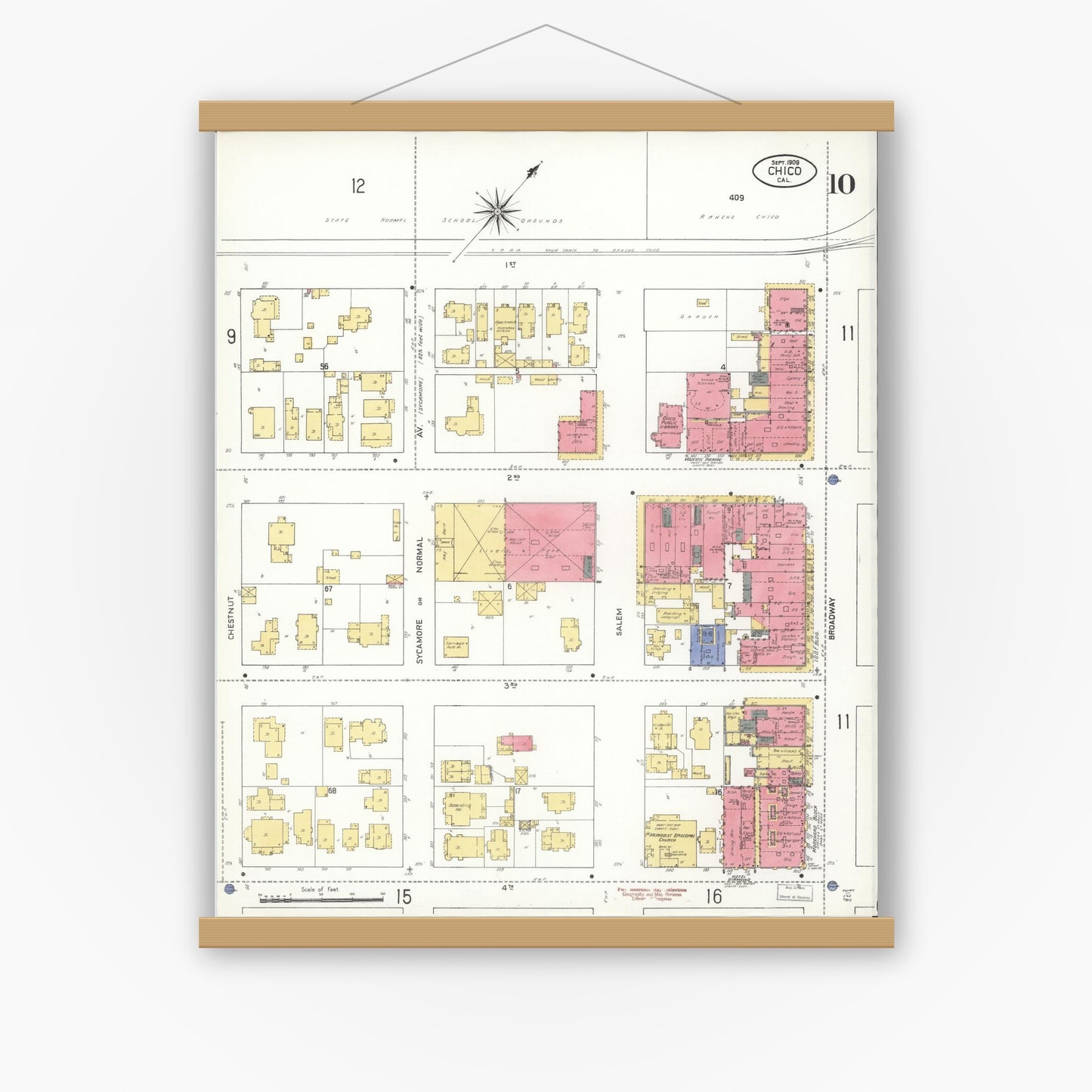 Old map wall art mockup — magnetic wood frame on white wall — Sanborn Fire Insurance Map from Chico, Butte County, California (1909), Sheet #0010