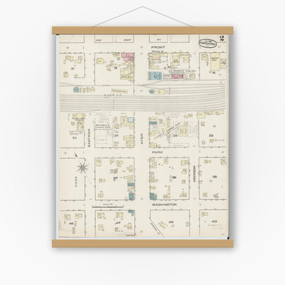 Old map wall art mockup — magnetic wood frame on white wall — Sanborn Fire Insurance Map from Harvard, McHenry County, Illinois (1885), Sheet #0002
