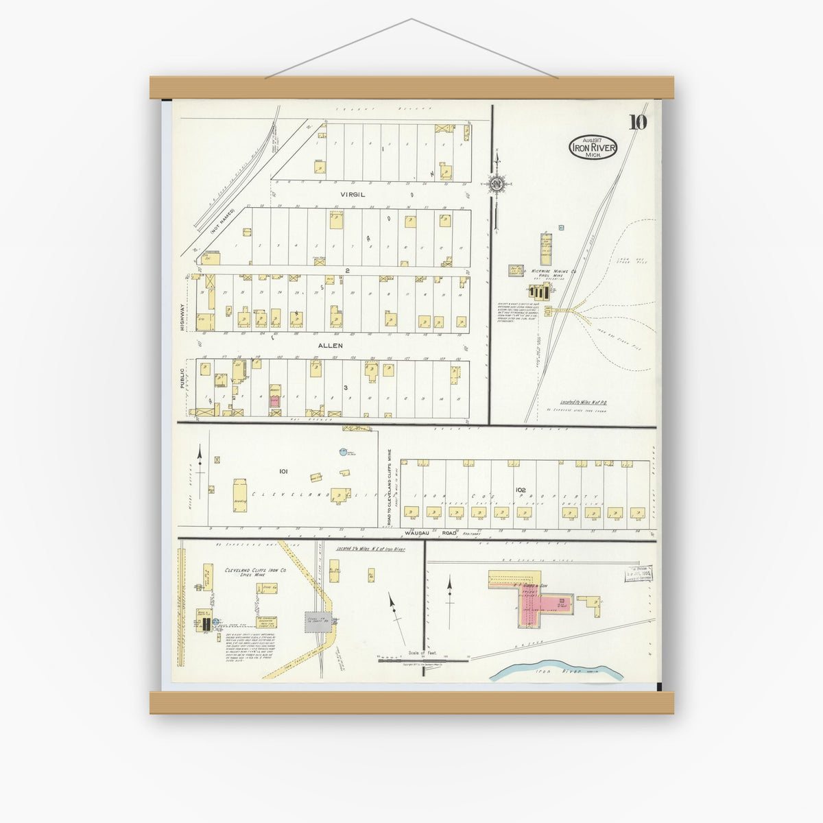 Old map wall art mockup — magnetic wood frame on white wall — Sanborn Fire Insurance Map from Iron River, Iron County, Michigan (1917), Sheet #0010