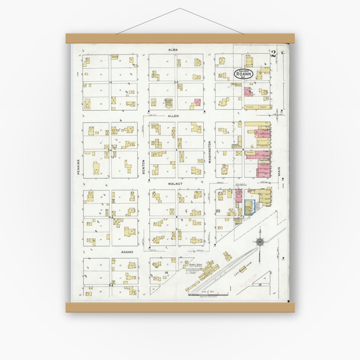 Old map wall art mockup — magnetic wood frame on white wall — Sanborn Fire Insurance Map from Roann, Wabash County, Indiana (1920), Sheet #0002