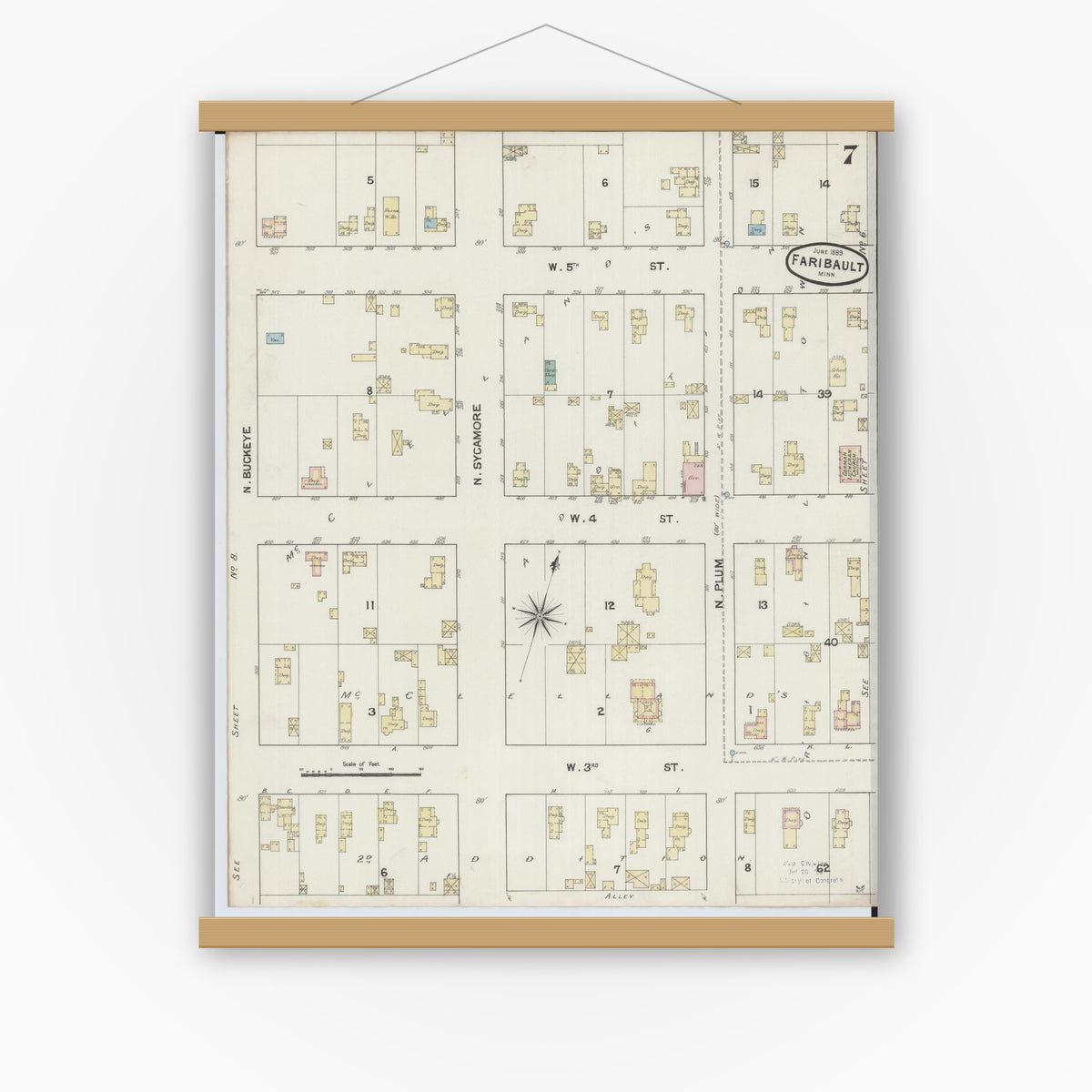Old map wall art mockup — magnetic wood frame on white wall — Sanborn Fire Insurance Map from Faribault, Rice County, Minnesota (1889), Sheet #0007