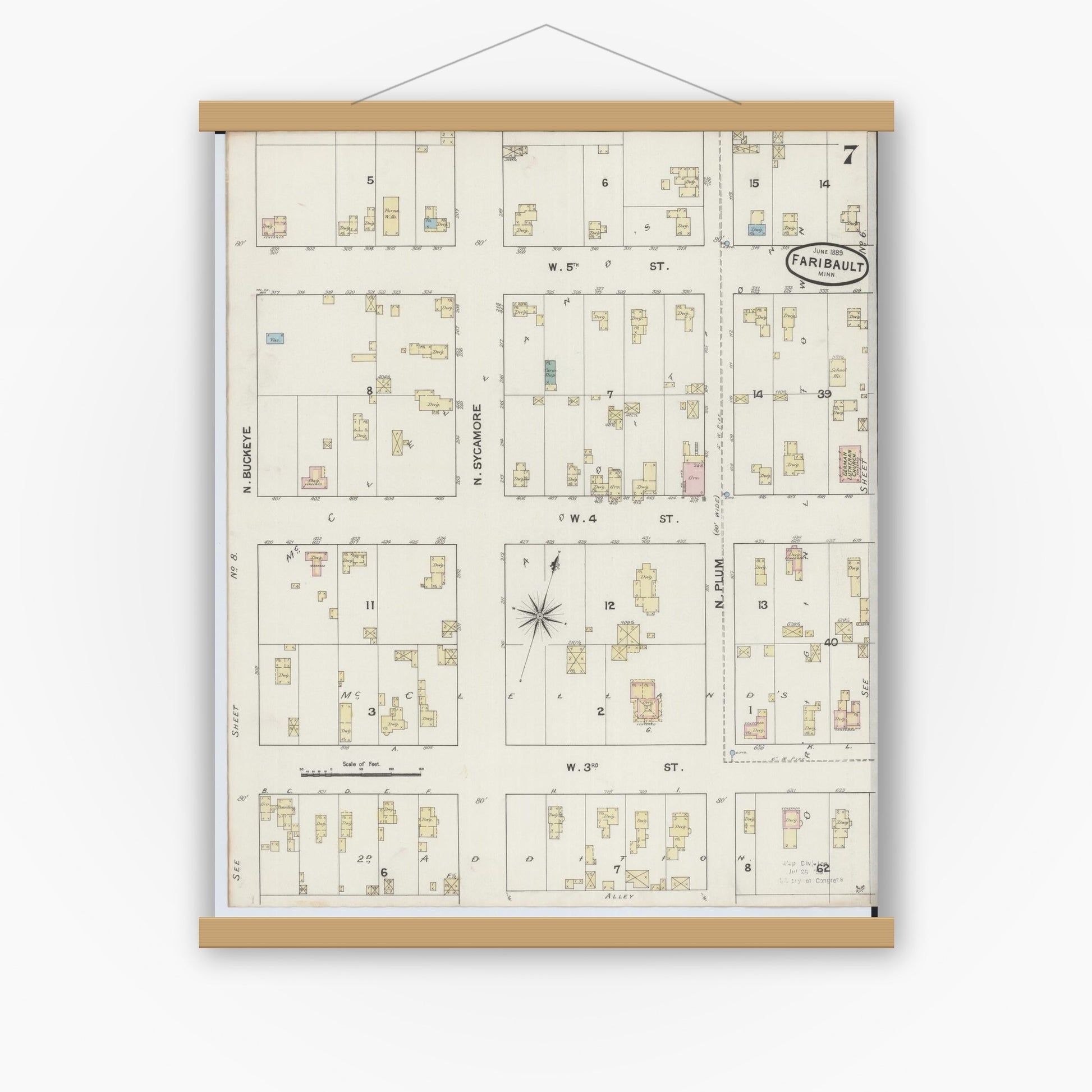 Old map wall art mockup — magnetic wood frame on white wall — Sanborn Fire Insurance Map from Faribault, Rice County, Minnesota (1889), Sheet #0007