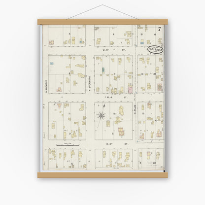Old map wall art mockup — magnetic wood frame on white wall — Sanborn Fire Insurance Map from Faribault, Rice County, Minnesota (1889), Sheet #0007