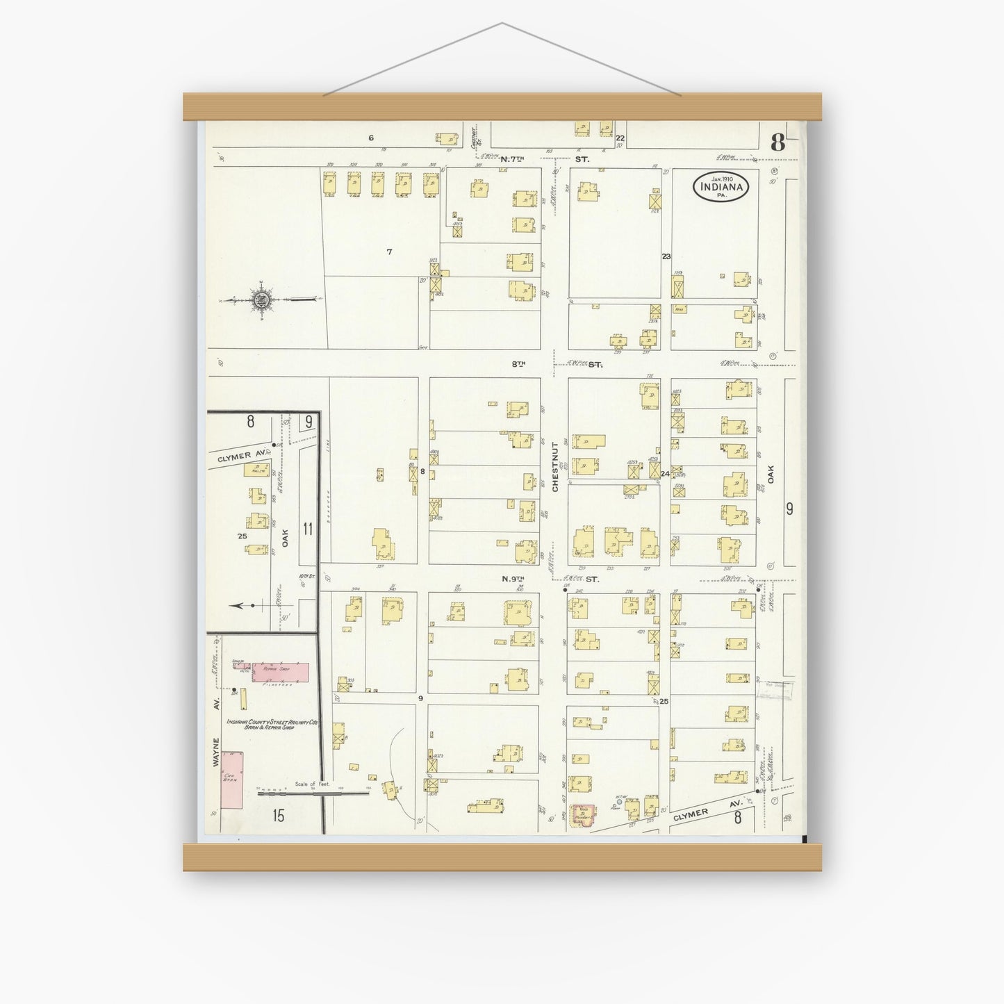Old map wall art mockup — magnetic wood frame on white wall — Sanborn Fire Insurance Map from Indiana, Indiana County, Pennsylvania (1910), Sheet #0008