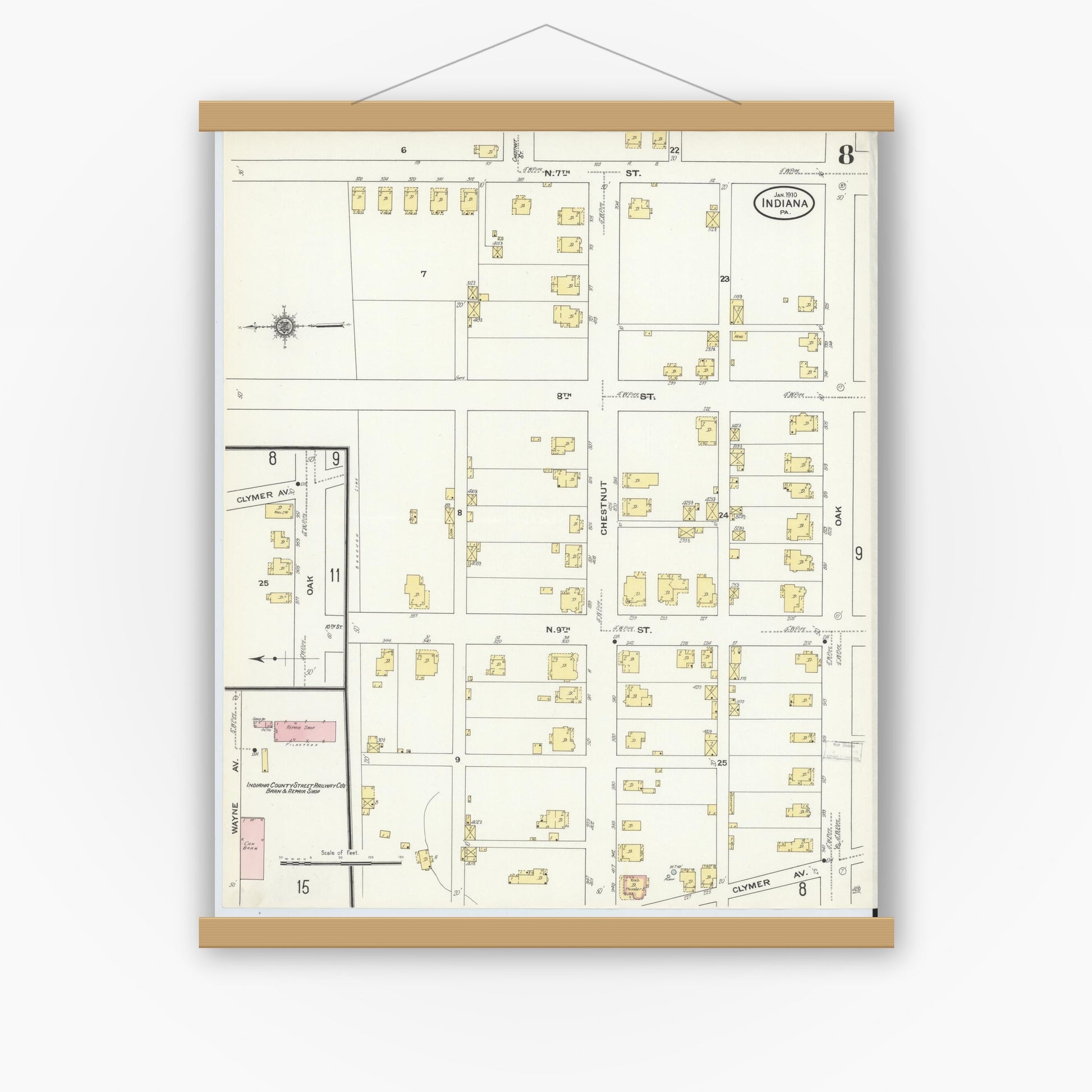 Old map wall art mockup — magnetic wood frame on white wall — Sanborn Fire Insurance Map from Indiana, Indiana County, Pennsylvania (1910), Sheet #0008