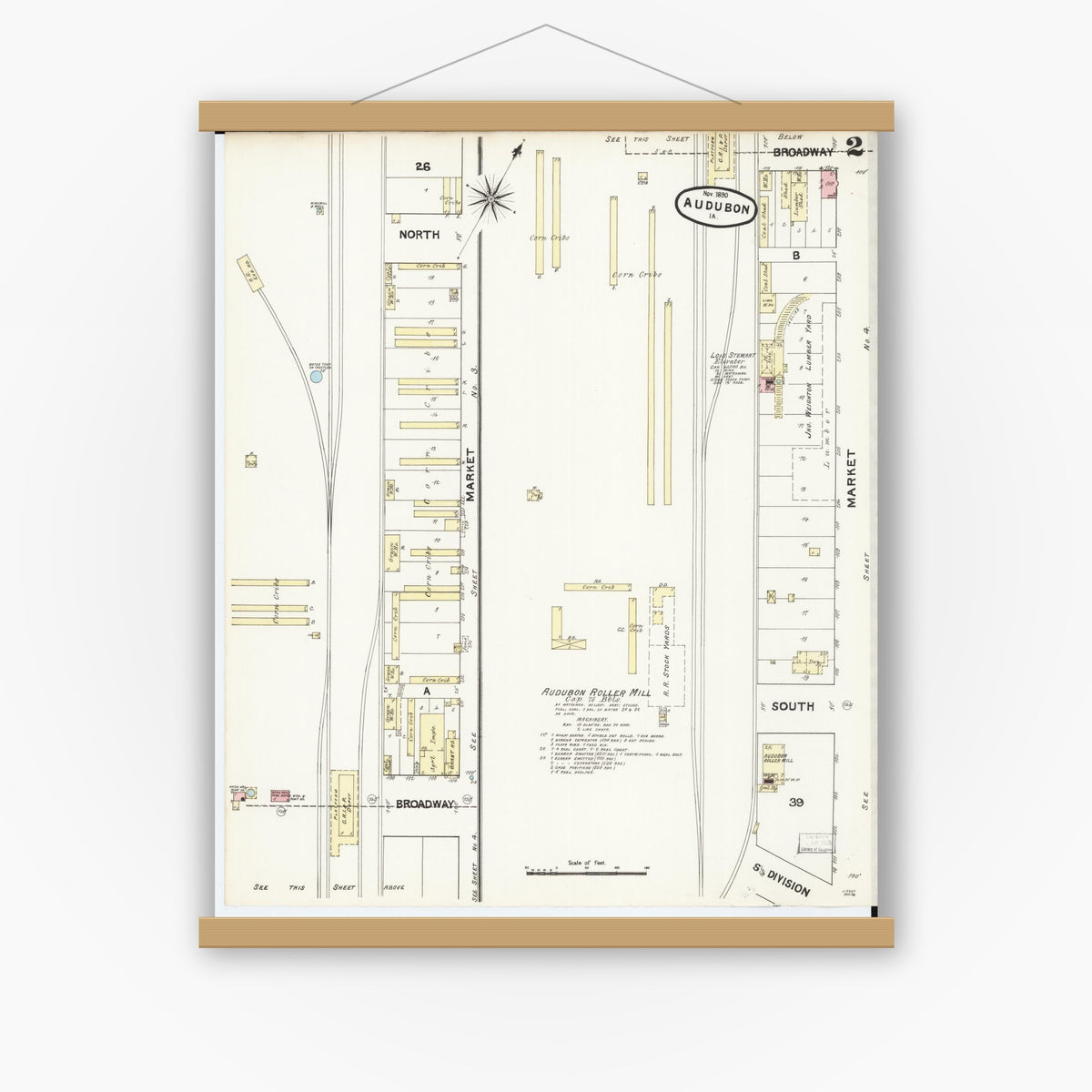 Old map wall art mockup — magnetic wood frame on white wall — Sanborn Fire Insurance Map from Audubon, Audubon County, Iowa (1890), Sheet #0002
