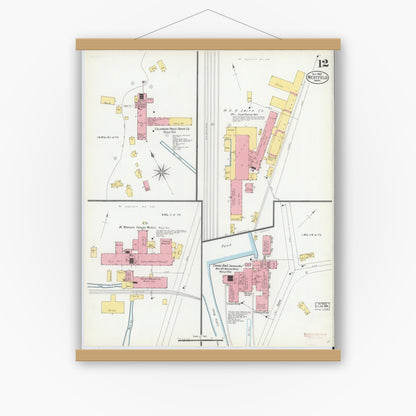 Old map wall art mockup — magnetic wood frame on white wall — Sanborn Fire Insurance Map from Westfield, Hampden County, Massachusetts (1900), Sheet #0012