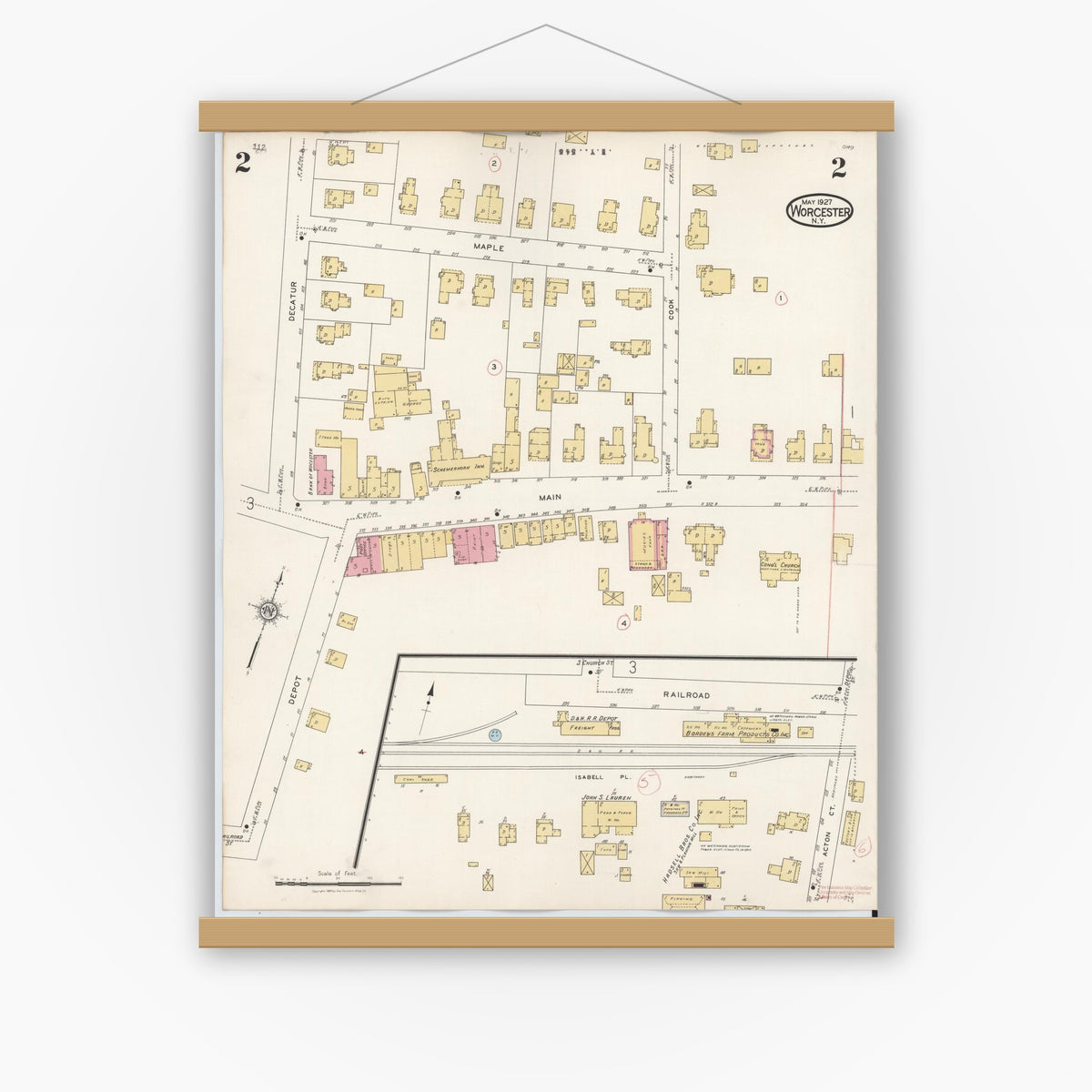 Old map wall art mockup — magnetic wood frame on white wall — Sanborn Fire Insurance Map from Worcester, Otsego County, New York (1927), Sheet #0002
