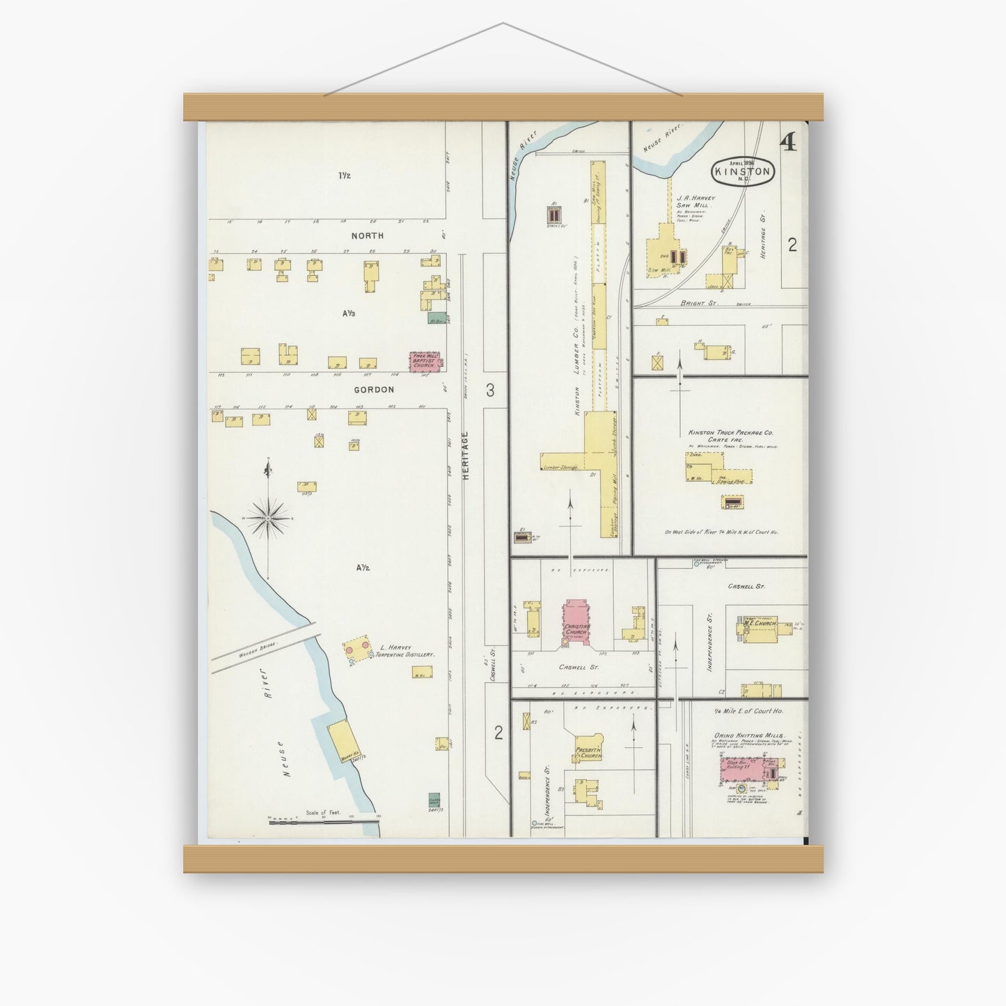Old map wall art mockup — magnetic wood frame on white wall — Sanborn Fire Insurance Map from Kinston, Lenoir County, North Carolina (1896), Sheet #0004