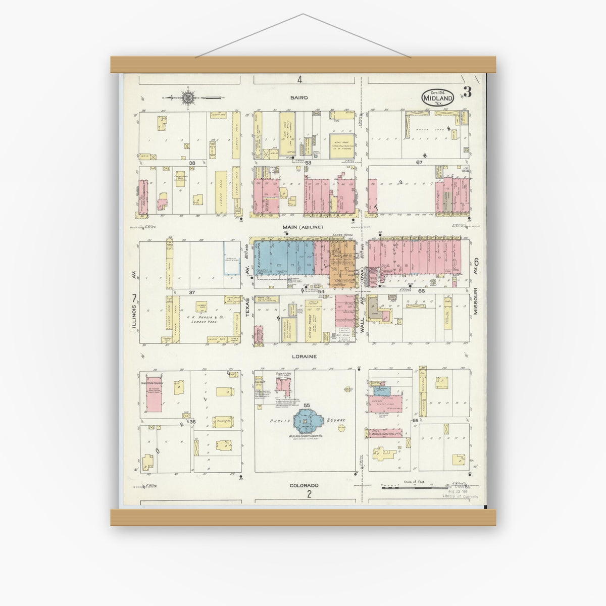 Old map wall art mockup — magnetic wood frame on white wall — Sanborn Fire Insurance Map from Midland, Midland County, Texas (1914), Sheet #0003