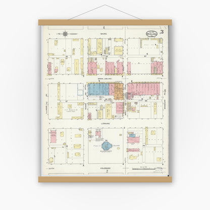 Old map wall art mockup — magnetic wood frame on white wall — Sanborn Fire Insurance Map from Midland, Midland County, Texas (1914), Sheet #0003