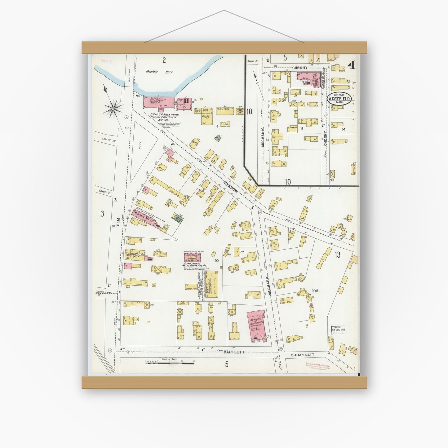 Old map wall art mockup — magnetic wood frame on white wall — Sanborn Fire Insurance Map from Westfield, Hampden County, Massachusetts (1900), Sheet #0004