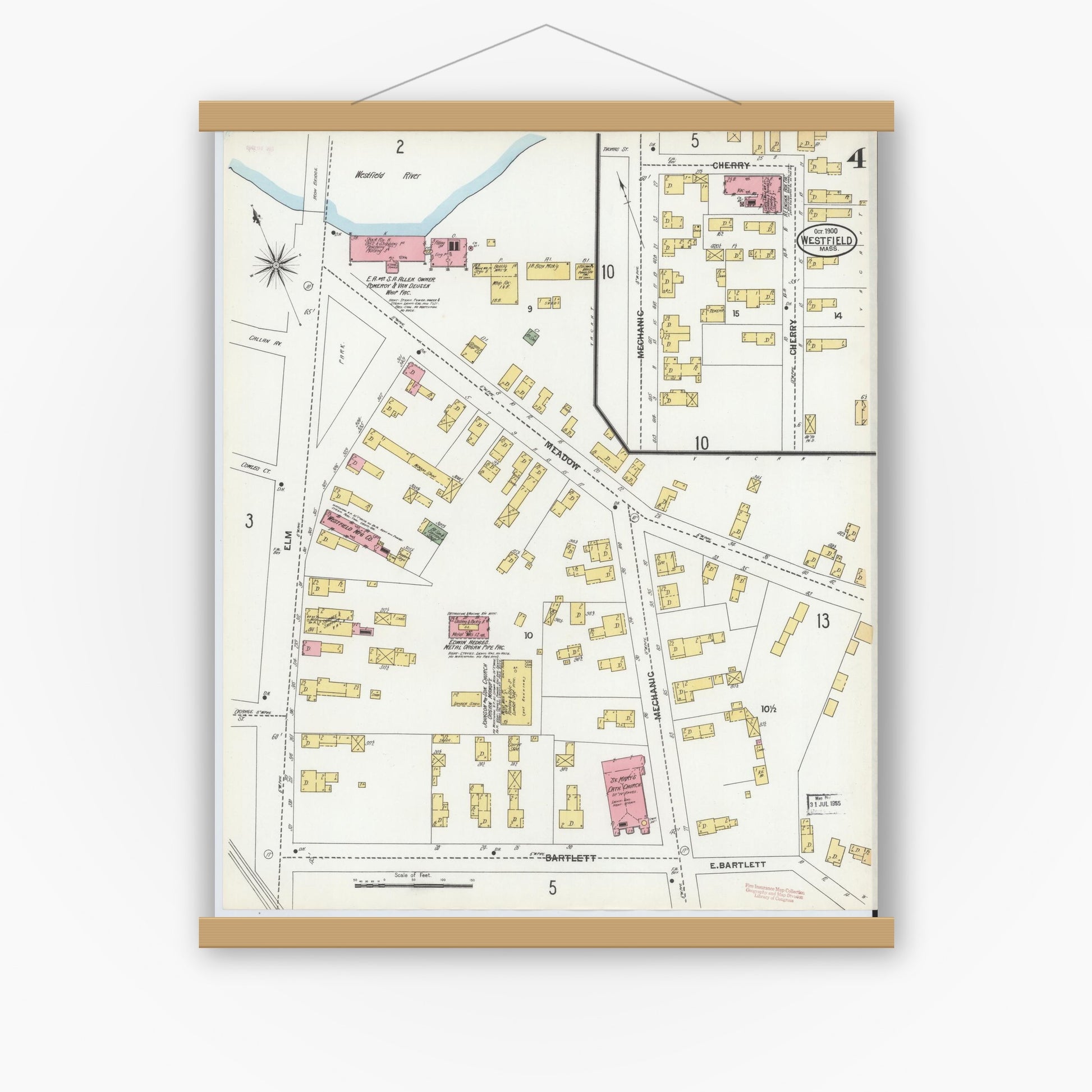 Old map wall art mockup — magnetic wood frame on white wall — Sanborn Fire Insurance Map from Westfield, Hampden County, Massachusetts (1900), Sheet #0004