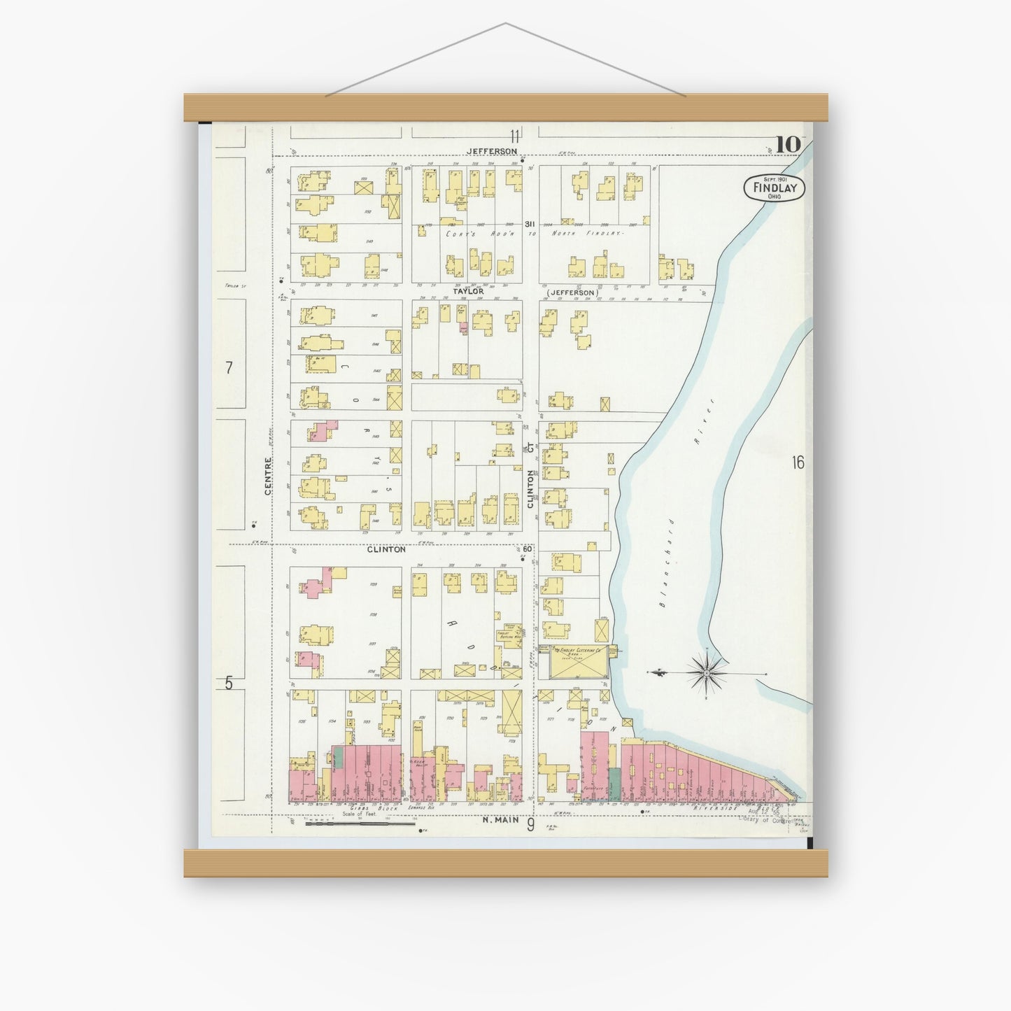 Old map wall art mockup — magnetic wood frame on white wall — Sanborn Fire Insurance Map from Findlay, Hancock County, Ohio (1901), Sheet #0010