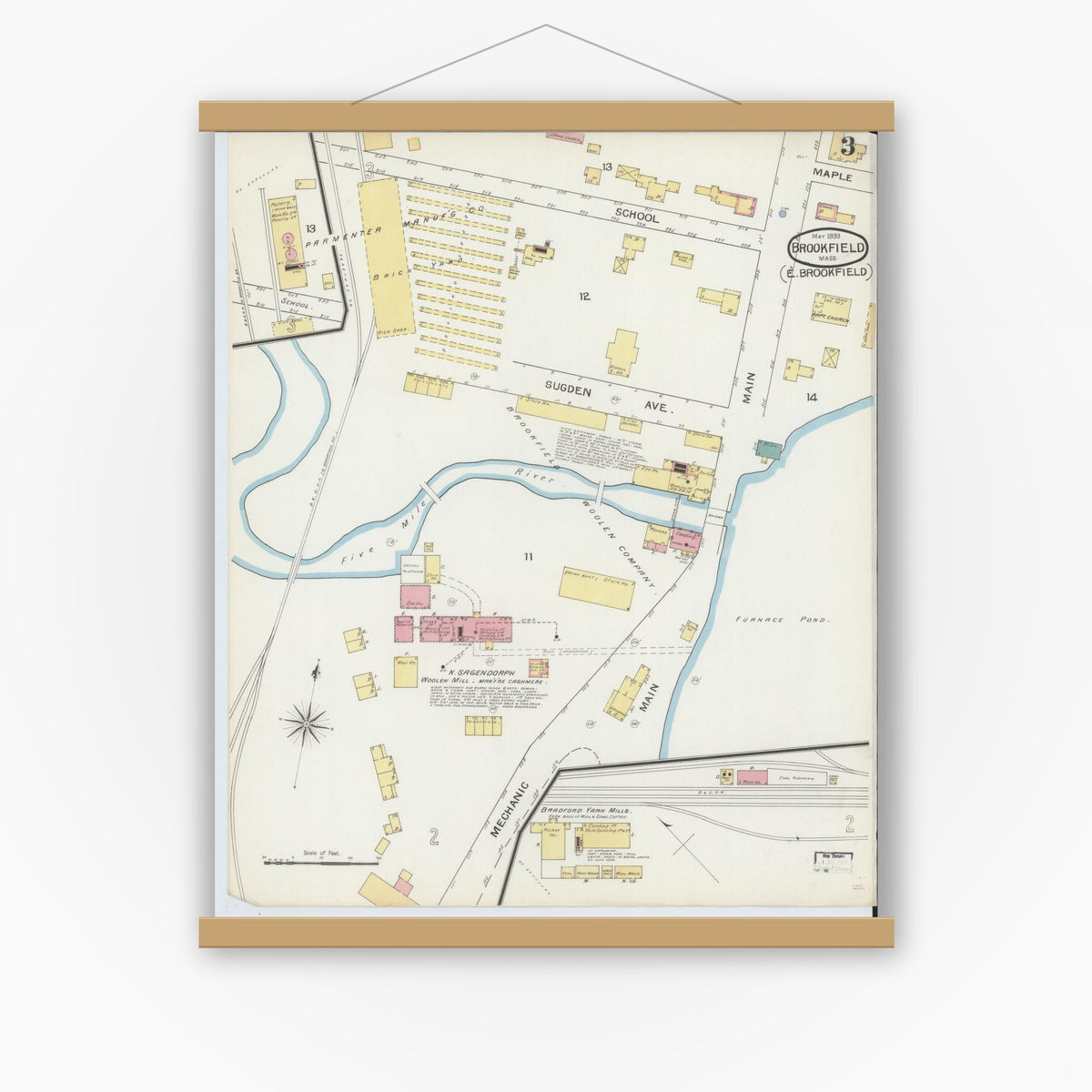 Old map wall art mockup — magnetic wood frame on white wall — Sanborn Fire Insurance Map from Brookfield, Worcester County, Massachusetts (1893), Sheet #0003