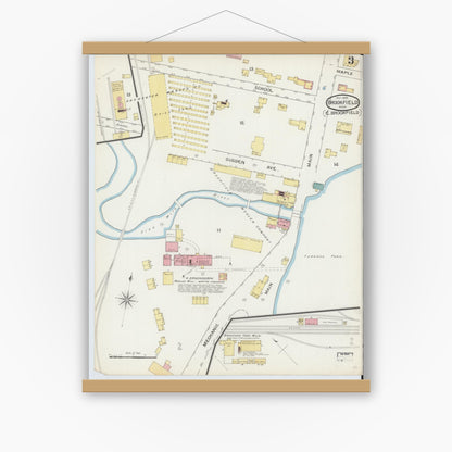 Old map wall art mockup — magnetic wood frame on white wall — Sanborn Fire Insurance Map from Brookfield, Worcester County, Massachusetts (1893), Sheet #0003
