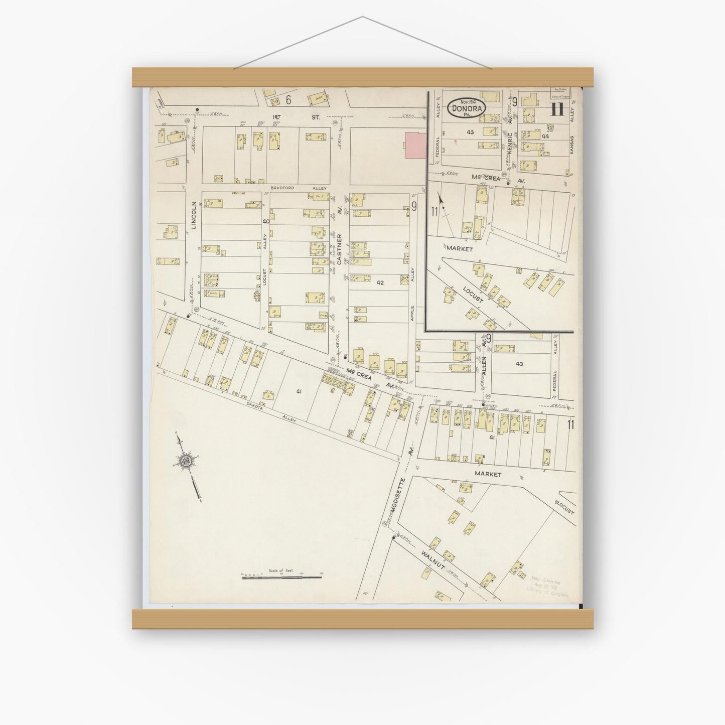 Old map wall art mockup — magnetic wood frame on white wall — Sanborn Fire Insurance Map from Donora, Washington County, Pennsylvania (1914), Sheet #0011