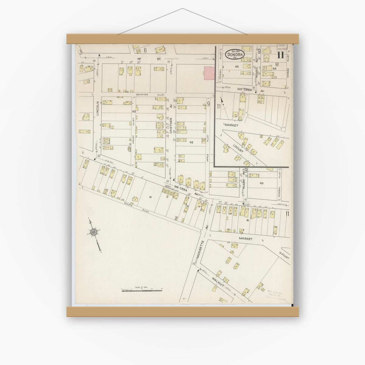 Old map wall art mockup — magnetic wood frame on white wall — Sanborn Fire Insurance Map from Donora, Washington County, Pennsylvania (1914), Sheet #0011