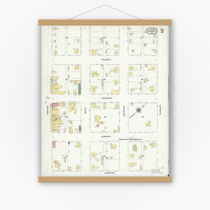 Old map wall art mockup — magnetic wood frame on white wall — Sanborn Fire Insurance Map from Manor, Travis County, Texas (1910), Sheet #0002
