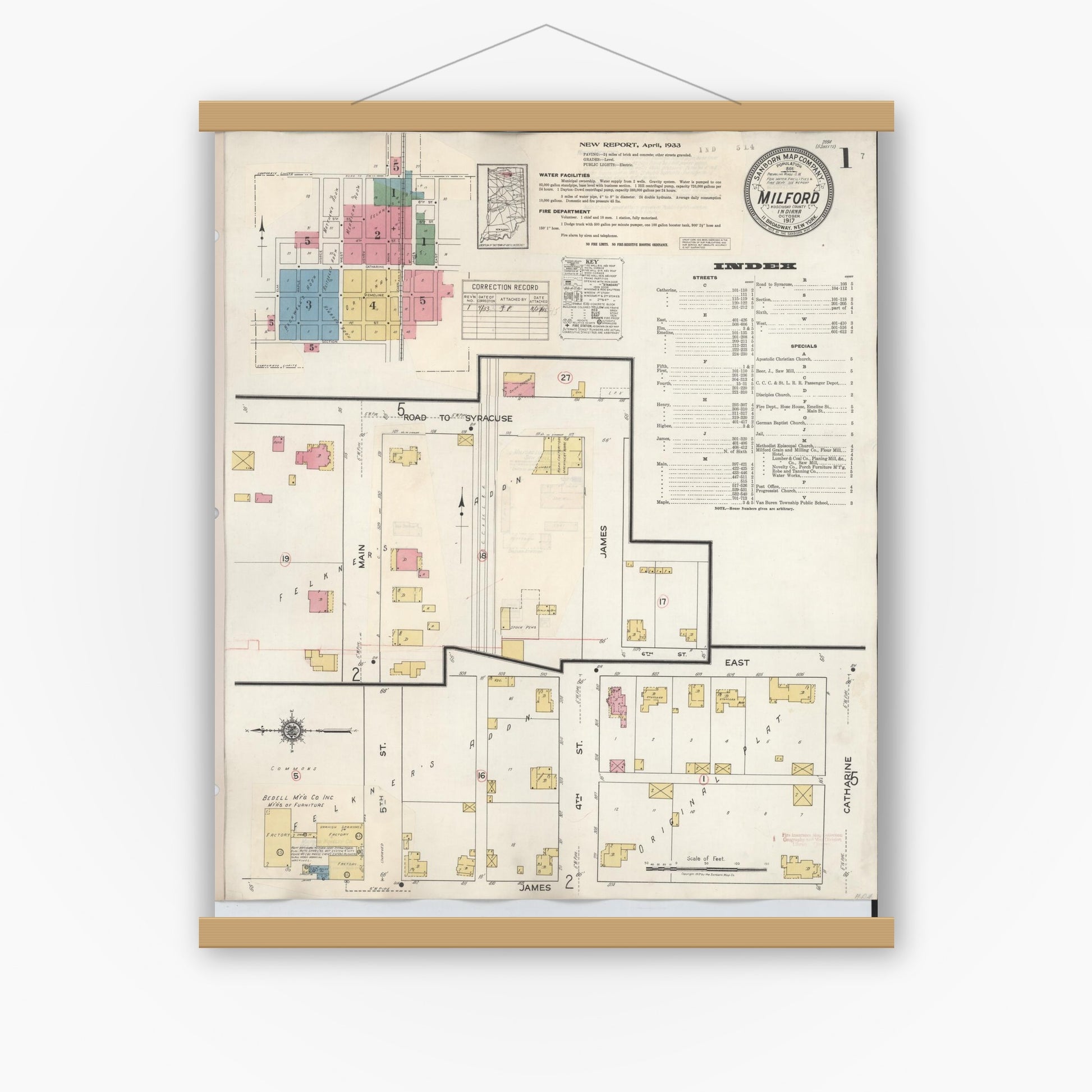 Old map wall art mockup — magnetic wood frame on white wall — Sanborn Fire Insurance Map from Milford, Kosciusko County, Indiana (1933) - Complete Map Set