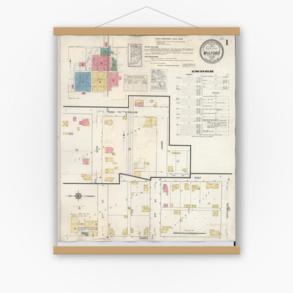 Old map wall art mockup — magnetic wood frame on white wall — Sanborn Fire Insurance Map from Milford, Kosciusko County, Indiana (1933) - Complete Map Set