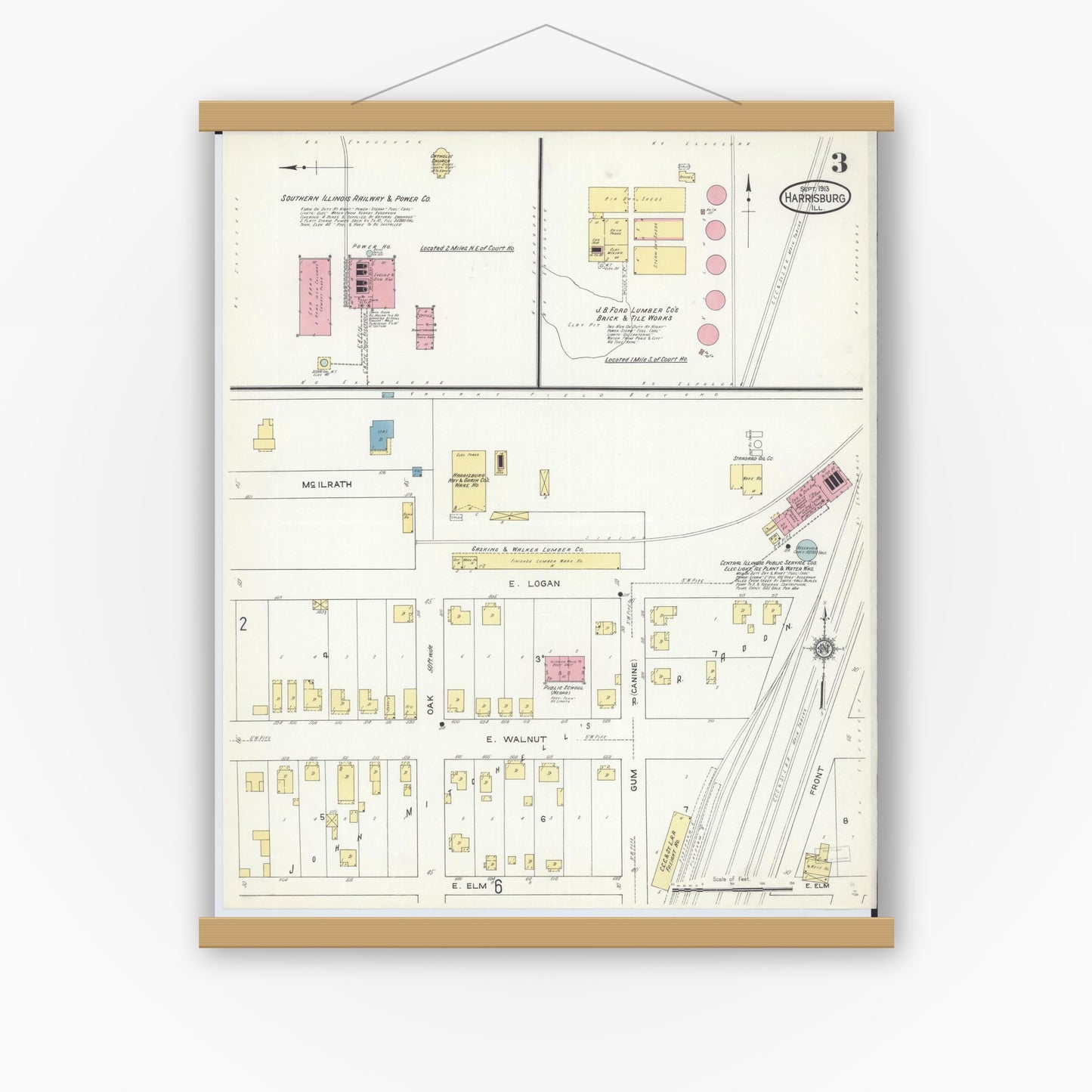 Old map wall art mockup — magnetic wood frame on white wall — Sanborn Fire Insurance Map from Harrisburg, Saline County, Illinois (1913), Sheet #0003